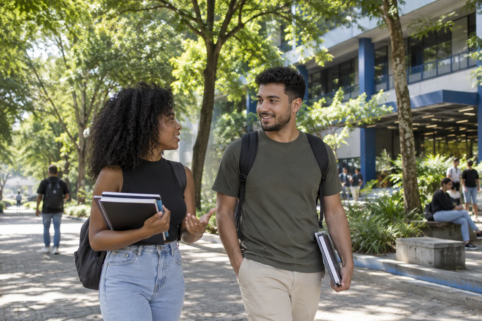 Estudantes caminhando em um campus universitário